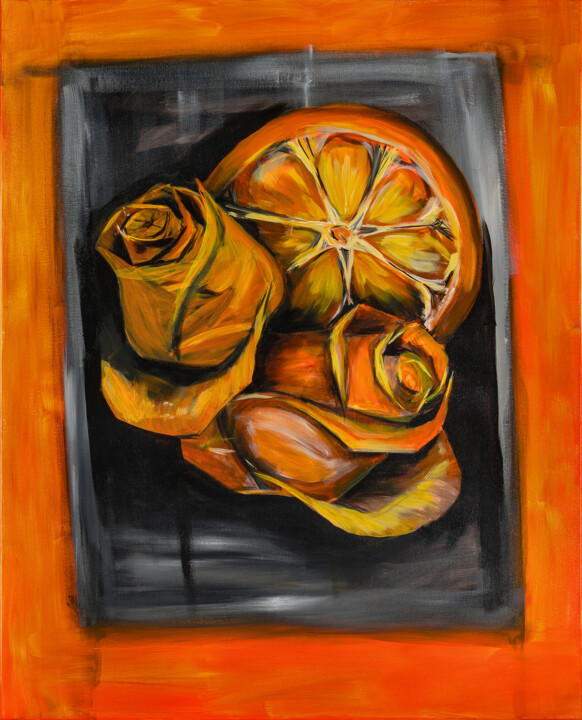 Painting titled "Roses and orange" by Katrin Appleseen, Original Artwork, Acrylic