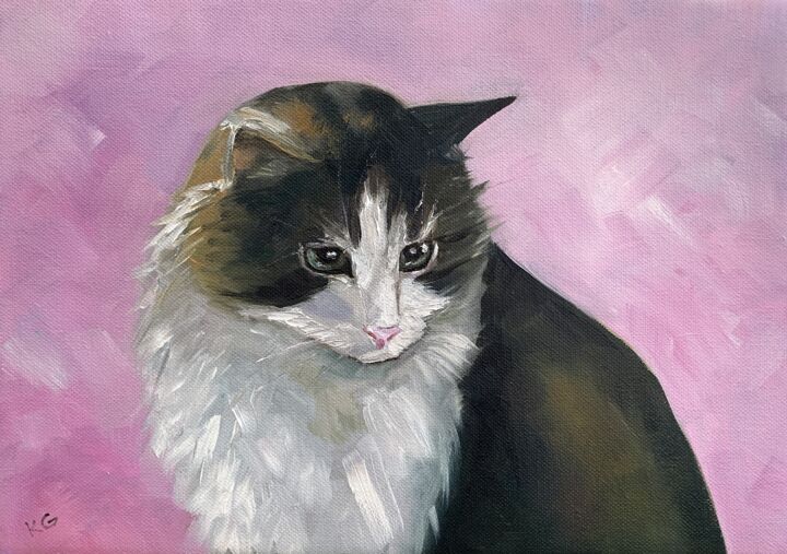 Peinture intitulée "Cat on a pink backg…" par Katrin Gergert, Œuvre d'art originale, Huile
