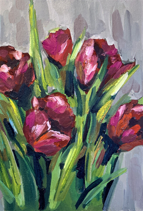 Painting titled "tulips" by Katrin Gergert, Original Artwork, Oil Mounted on Wood Stretcher frame
