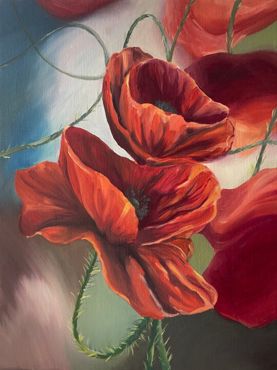 Painting titled "Poppies" by Katrin Savich, Original Artwork, Oil Mounted on Wood Stretcher frame