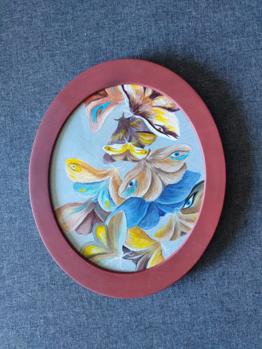 Painting titled "Colorful moths, but…" by Katrin Savich, Original Artwork, Oil Mounted on Wood Stretcher frame