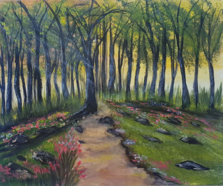 Картина под названием "Morning Forest" - Ekaterina Goncharenko, Подлинное произведение искусства, Акрил