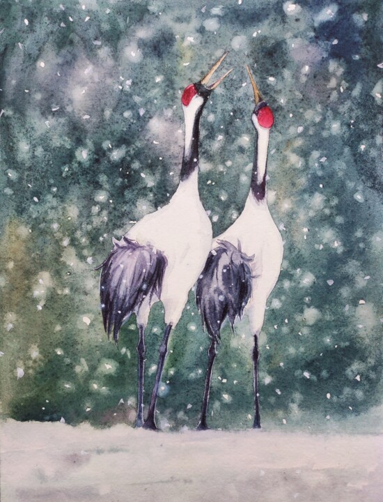 Pittura intitolato "Cranes in Love" da Ekaterina Sypkova (KatrinColourArt), Opera d'arte originale, Acquarello