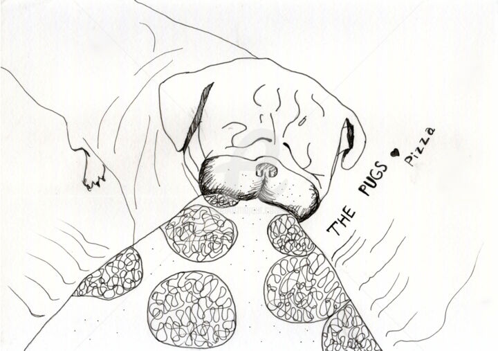 Disegno intitolato "Mops Pizza Love" da Katwrina Golban, Opera d'arte originale, Biro