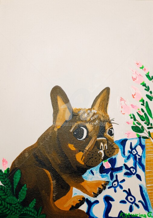 Schilderij getiteld "Dog mops" door Katwrina Golban, Origineel Kunstwerk, Acryl