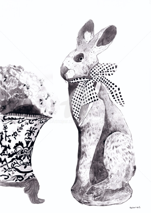 Arte digitale intitolato "Rabbit  white & bla…" da Katwrina Golban, Opera d'arte originale, Acquarello