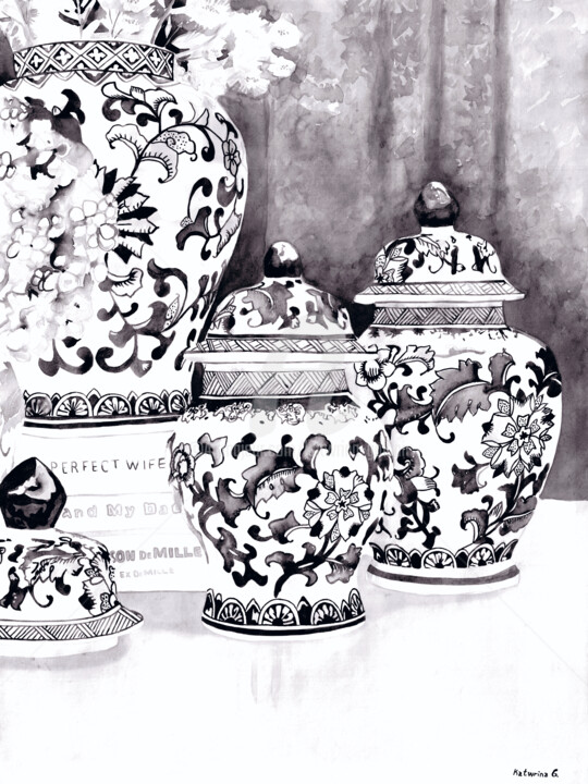 Arte digital titulada "Vase black 2" por Katwrina Golban, Obra de arte original, Acuarela