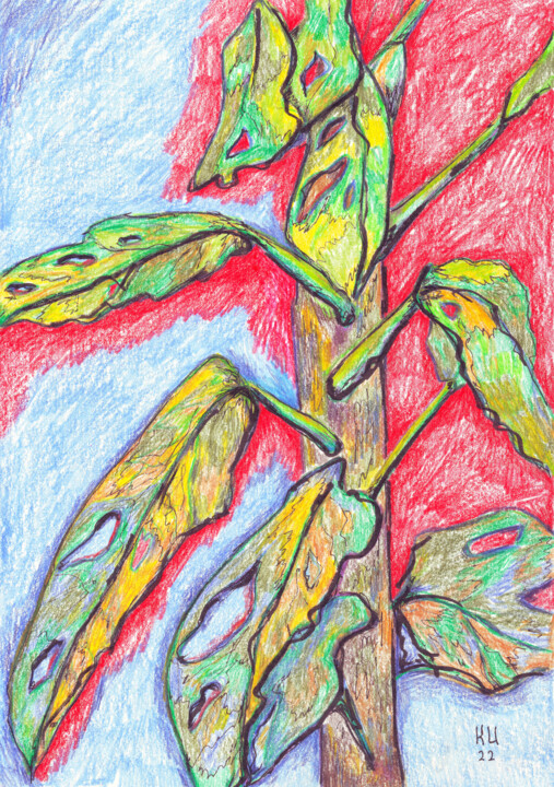 Drawing titled "Leaves on a red bac…" by Katy Ivoylova, Original Artwork, Conté