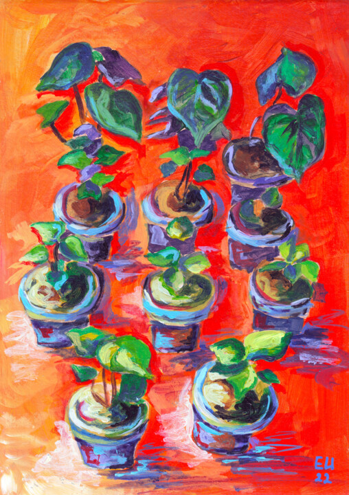 Painting titled "Nine pots with plan…" by Katy Ivoylova, Original Artwork, Acrylic