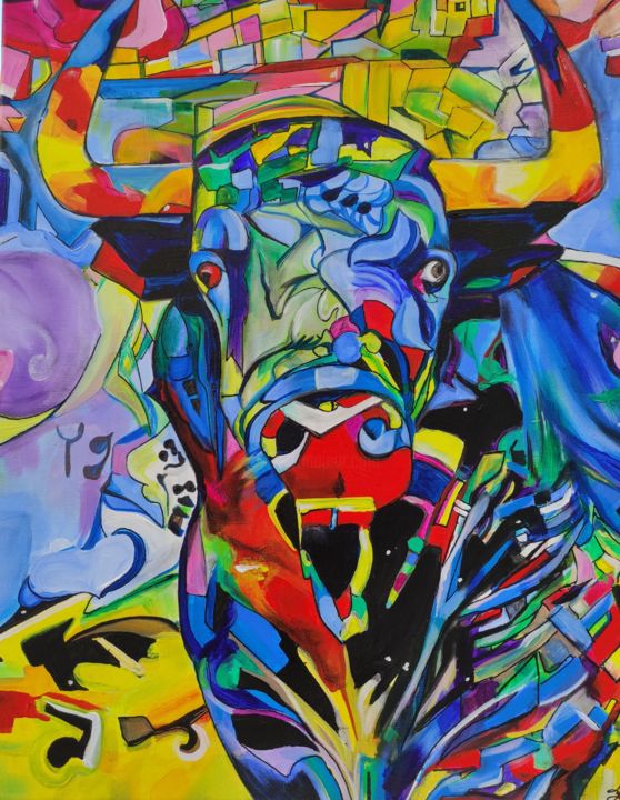 Pintura intitulada "Toro colorido" por Katy Lecomte, Obras de arte originais, Acrílico Montado em Armação em madeira