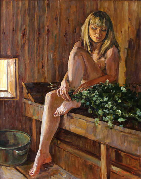 Painting titled "В бане" by Ekaterina Kizilova, Original Artwork, Oil