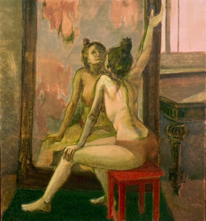 Painting titled "У Зеркала" by Katya Lukianova, Original Artwork, Oil