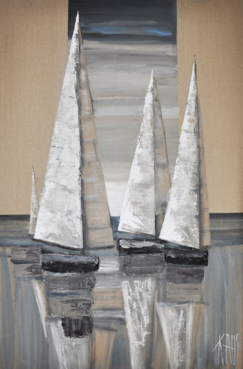 Painting titled "Les voiles" by Michèle Kaus (Kaus), Original Artwork, Acrylic Mounted on Wood Stretcher frame