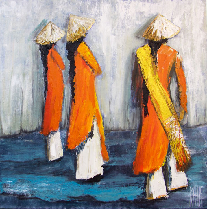Peinture intitulée "Les tuniques orange" par Michèle Kaus (Kaus), Œuvre d'art originale, Acrylique Monté sur Châssis