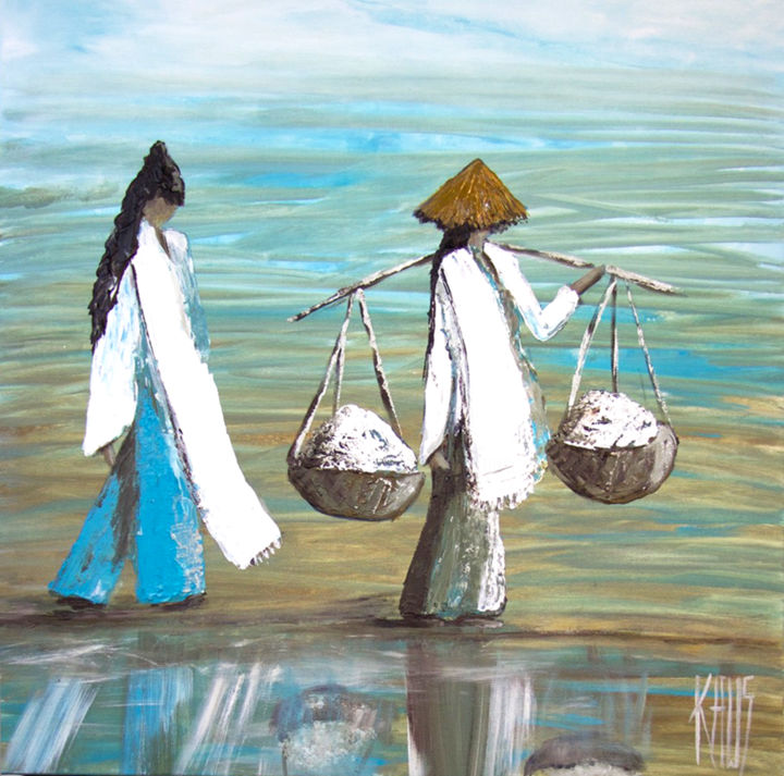 Peinture intitulée "Au bord de l'eau re…" par Michèle Kaus (Kaus), Œuvre d'art originale, Acrylique Monté sur Châssis