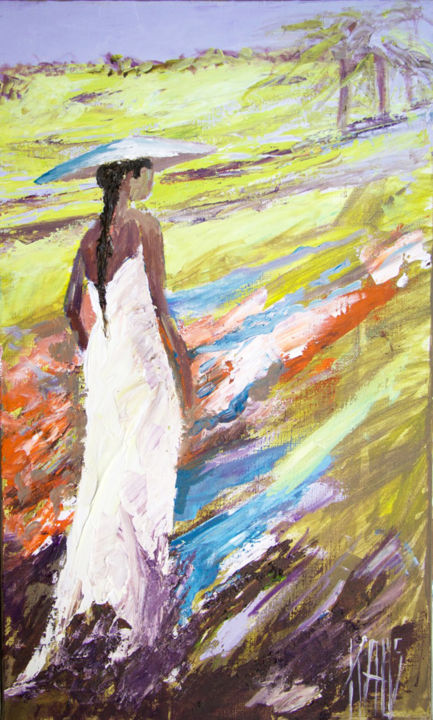 Painting titled "Une belle femme, au…" by Michèle Kaus (Kaus), Original Artwork, Acrylic Mounted on Wood Stretcher frame