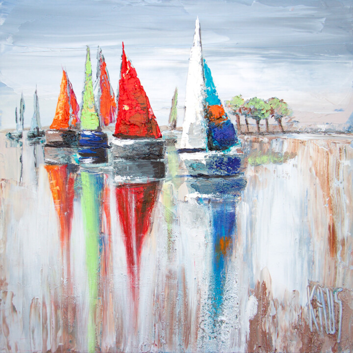 Painting titled "Les voiles III" by Michèle Kaus (Kaus), Original Artwork, Acrylic Mounted on Wood Stretcher frame