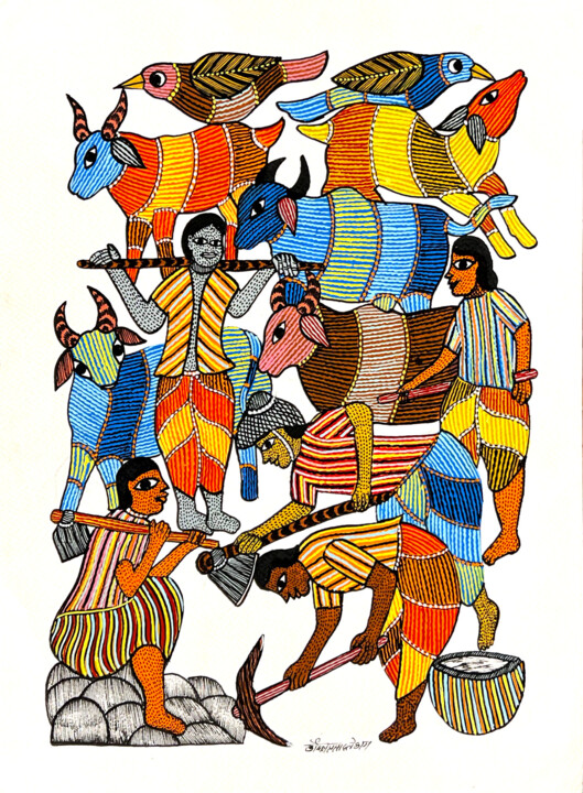Pittura intitolato "Village Life" da Kaushal Prasad Tekam, Opera d'arte originale, Acrilico