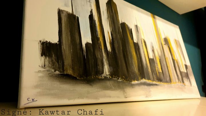 Painting titled "La cité" by Kawtar Chafi, Original Artwork, Acrylic Mounted on Wood Panel