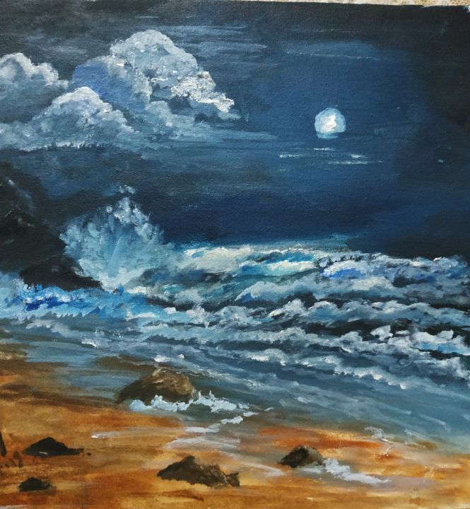 Schilderij getiteld "Moonlit night" door Sanjana Taufique, Origineel Kunstwerk, Olie