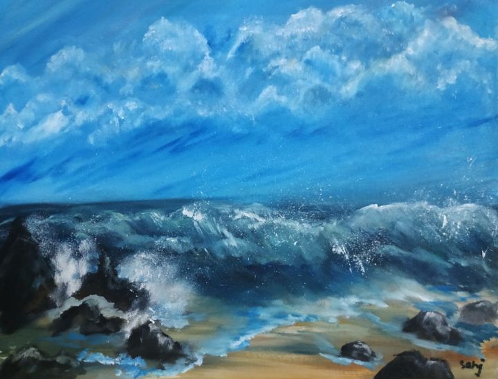 Schilderij getiteld "Stormy ocean" door Sanjana Taufique, Origineel Kunstwerk, Olie