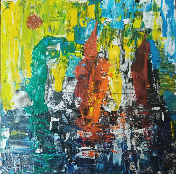 Schilderij getiteld "Colorful Sailboats" door Sanjana Taufique, Origineel Kunstwerk, Acryl