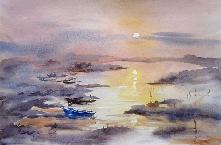 Painting titled "Ravi river" by Kazmi, Original Artwork, Watercolor