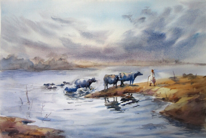 Painting titled "Pakistani art" by Kazmi, Original Artwork, Watercolor