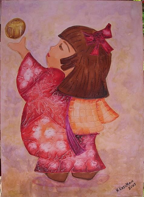 Painting titled "Menina com Bola" by H. Kazu Maia, Original Artwork