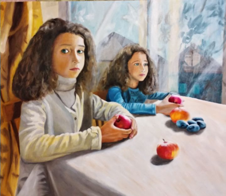 Peinture intitulée "Девочки с яблоками" par Mrde2016, Œuvre d'art originale, Huile