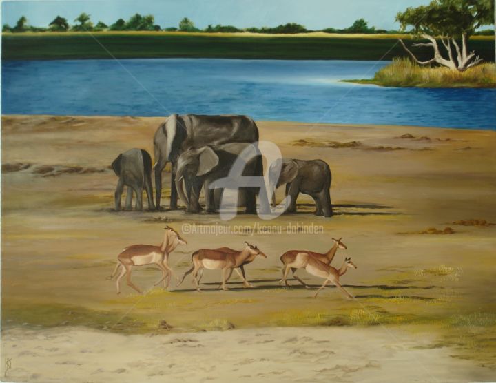Ζωγραφική με τίτλο "Am Chobe Fluss" από Keanu Dahinden, Αυθεντικά έργα τέχνης, Λάδι