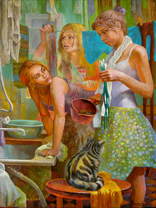 Painting titled "Laundress" by Aleksandr Vutianov, Original Artwork, Oil