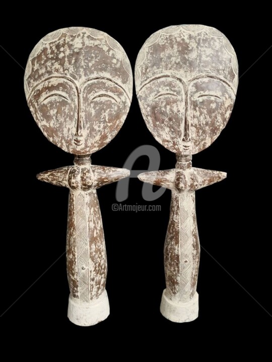 Sculpture intitulée "Couple Poupée Baule…" par Kebe, Œuvre d'art originale, Bois
