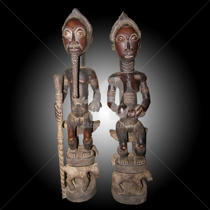 Sculpture intitulée "Couple Statuette Ba…" par Kebe, Œuvre d'art originale, Bois