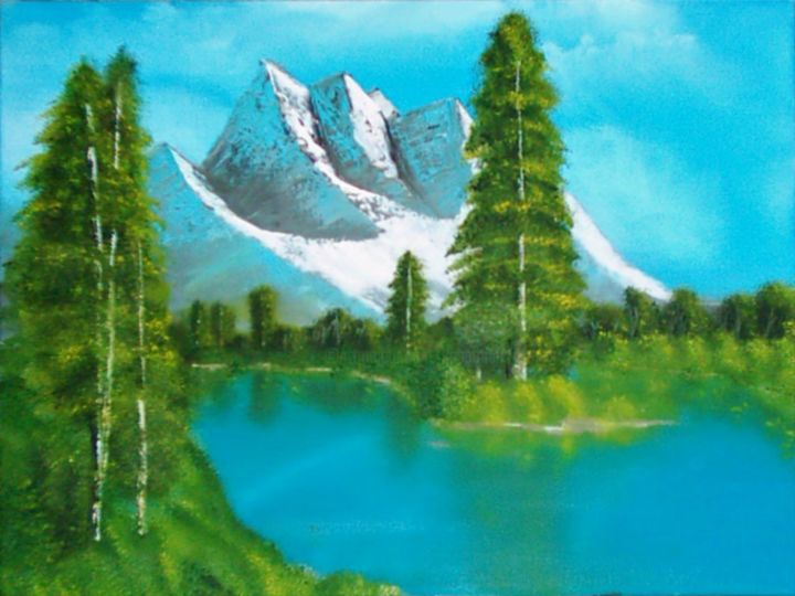 Malerei mit dem Titel "Berg am See" von Keep Magic, Original-Kunstwerk, Öl