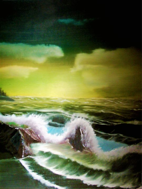 Malerei mit dem Titel "Meer mit Fels" von Keep Magic, Original-Kunstwerk, Öl