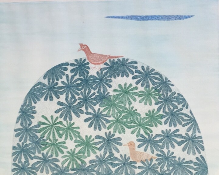 Druckgrafik mit dem Titel "Deux oiseaux sur l'…" von Keiko Minami, Original-Kunstwerk, Radierung