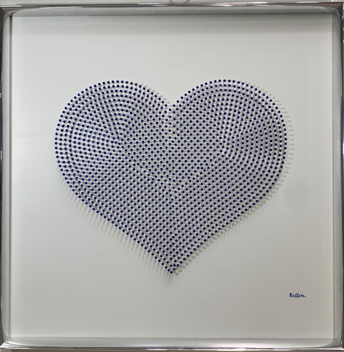 Sculpture titled "Blue Diamond Heart" by Kellen, Original Artwork, Acrylic Mounted on Wood Panel