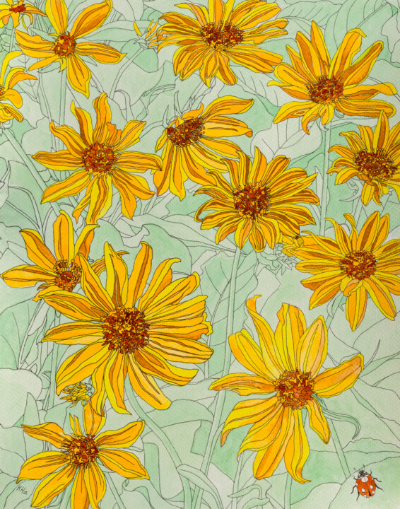 Painting titled "Balsamroot on the B…" by Kelley Hudson, Original Artwork, Watercolor