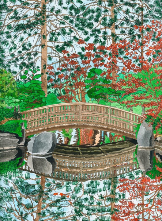 Painting titled "A Japanese Garden" by Kelley Hudson, Original Artwork, Watercolor