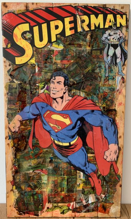 「Superman WoodArt Co…」というタイトルのコラージュ Kellningtonによって, オリジナルのアートワーク, コラグラフィー