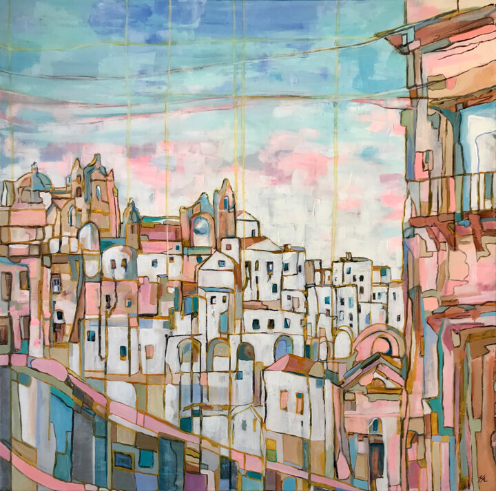 Painting titled "Ostuni" by Kelly Allison, Original Artwork, Acrylic Mounted on Wood Stretcher frame
