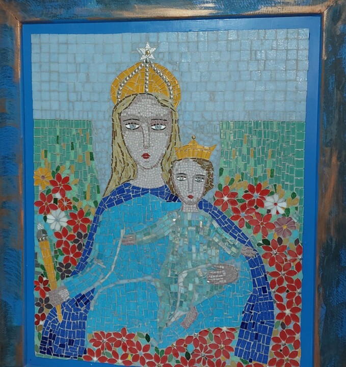 Sculpture titled "NOSSA SENHORA D'AJU…" by Kelly Melgar, Original Artwork, Mosaic Mounted on Wood Panel