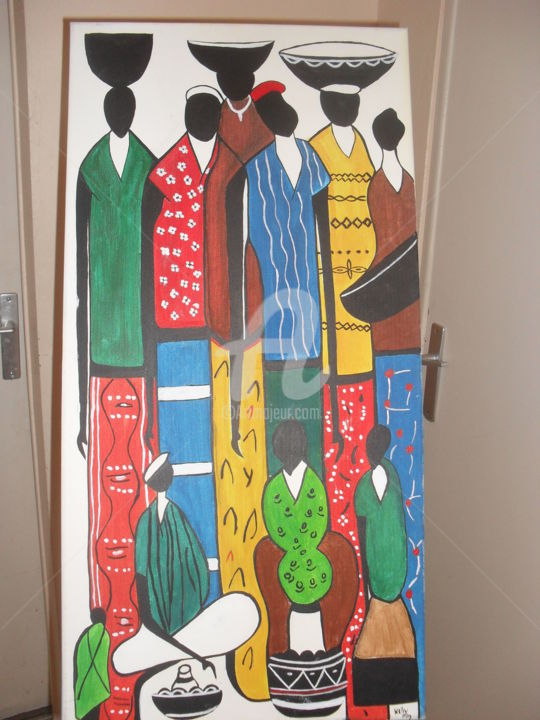 Peinture intitulée "Le marche africain" par Kelly Sten Mbimi, Œuvre d'art originale, Autre