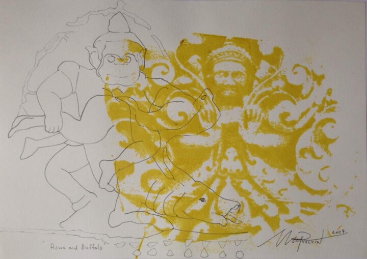 Printmaking titled "Asura and Buffalo" by Kelvin Chap, Original Artwork, Monotype