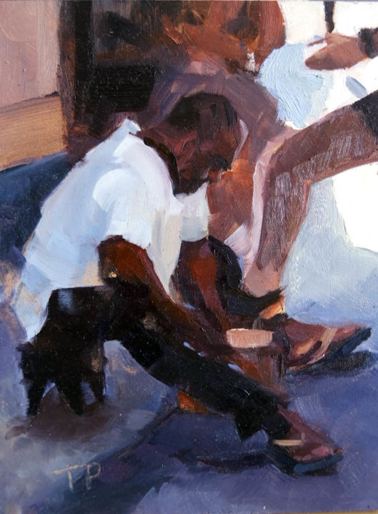 Painting titled "Bootblack in the st…" by Tomasz Pabin, Original Artwork, Oil