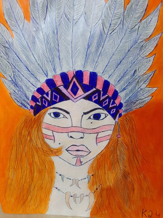 Dibujo titulada "Garota indígena" por Kenidy Oliveira, Obra de arte original, Lápiz