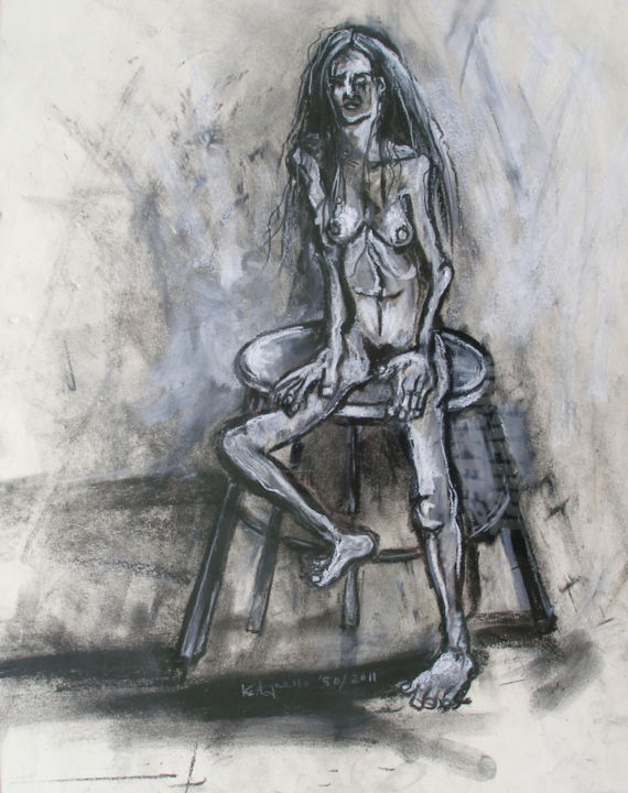 Drawing titled "seated-girl-on-stoo…" by Kenneth Agnello, Original Artwork