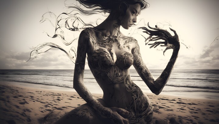 Digitale Kunst getiteld "Woman at the Beach" door Kenny Landis, Origineel Kunstwerk, AI gegenereerde afbeelding