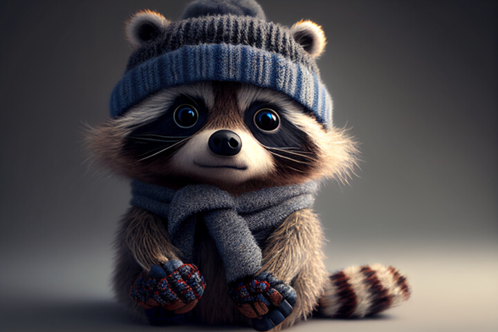 Racoon with a bobble Cap and a scarf